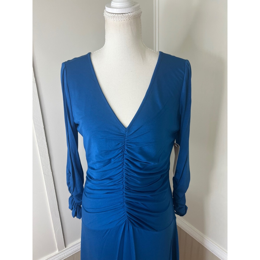 NUE by Shani Peacock Blue Ruched V-Neck Body Architecture Shaping Dress Size 12 - Picture 2 of 12